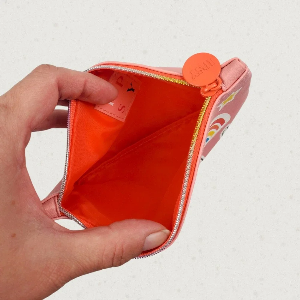 Ipsy Pink Pop Art Sticker Print Makeup Bag Cosmetic Pouch Pink Orange Zipper